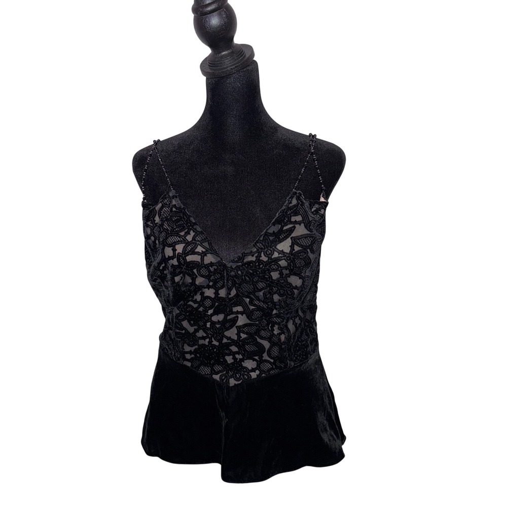 ICE Vintage Y2K Black‎ Burnout Velvet Lace Beaded Strap Top Size M Whimsigoth